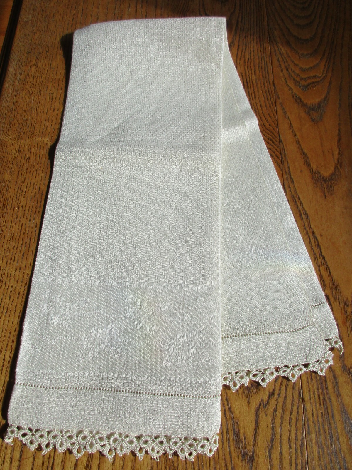 Vintage Ivory Huck Damask Linen Fingertip Guest Towel w TattingのeBay公認