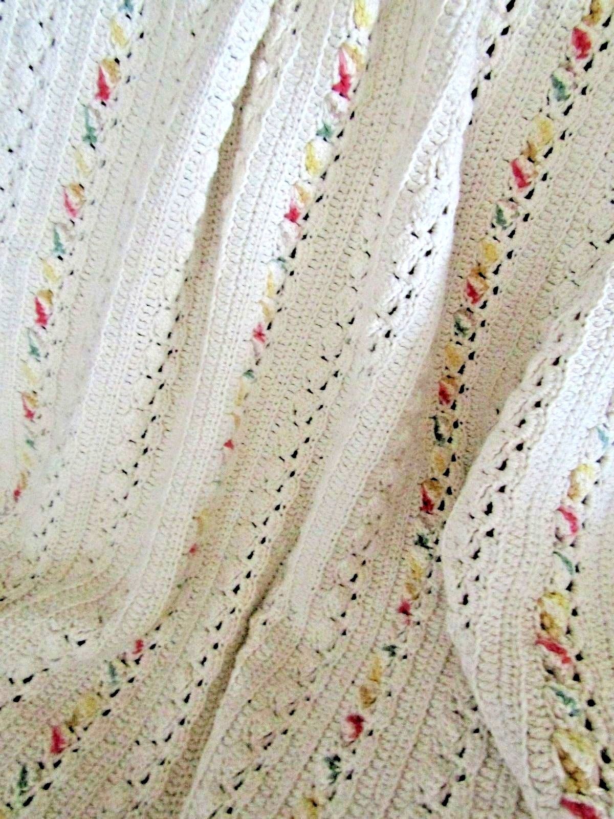 NEW HAND CROCHET ECRU W/ MULTI COLLOR ACCENT  COTTON AFGHAN LAP BLANKET THROW