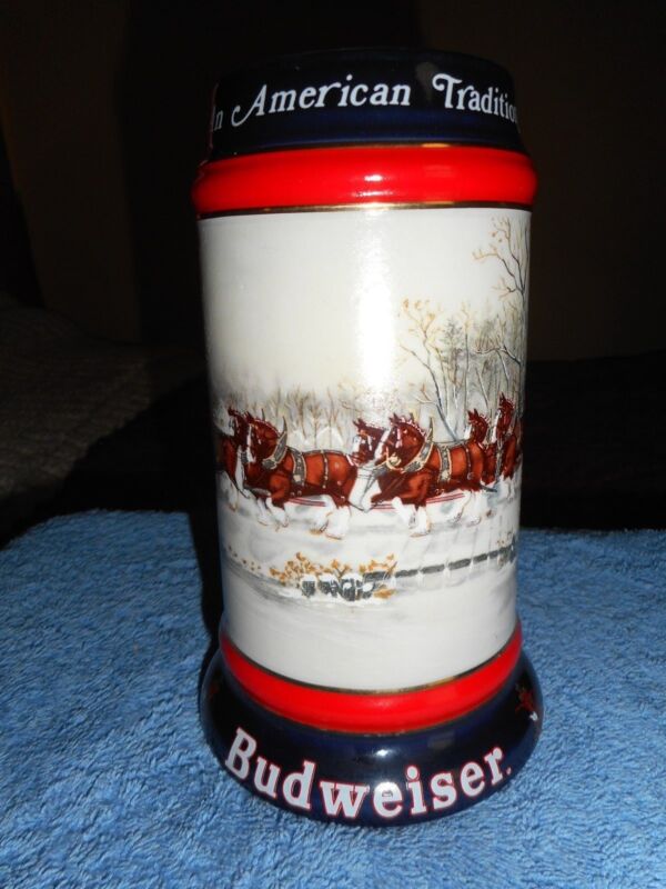 Budweiser Beer 1990 SUSAN SAMPSON Clydesdale Horses Ceramic Mug Winter Hitch