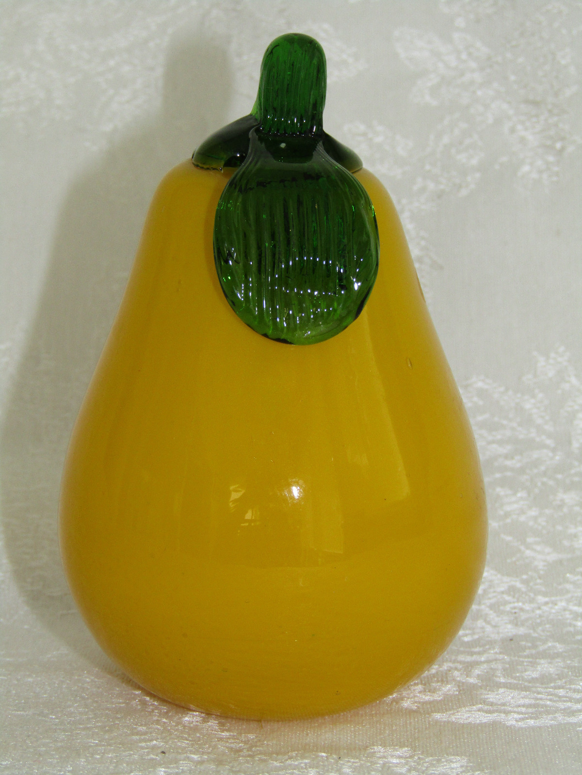 Hand Blown Art Glass Yellow Pear Fruit w Applied Green Leaf & Stem