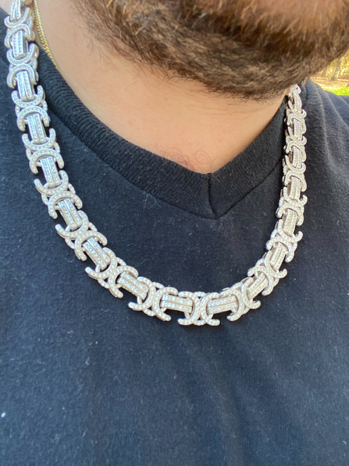 Pre-owned Silver Solid 925 Sterling  Mens Byzantine Link Chain Iced 14mm Thick Flooded Cz