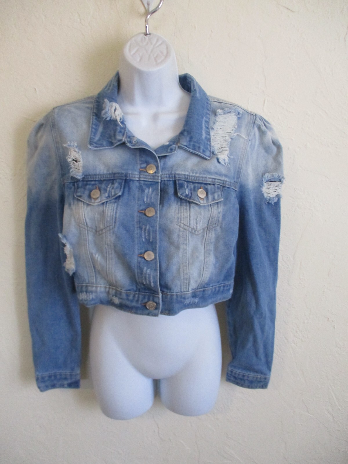 Hot Kiss Cropped Distressed Denim Jean Jacket Size Medium