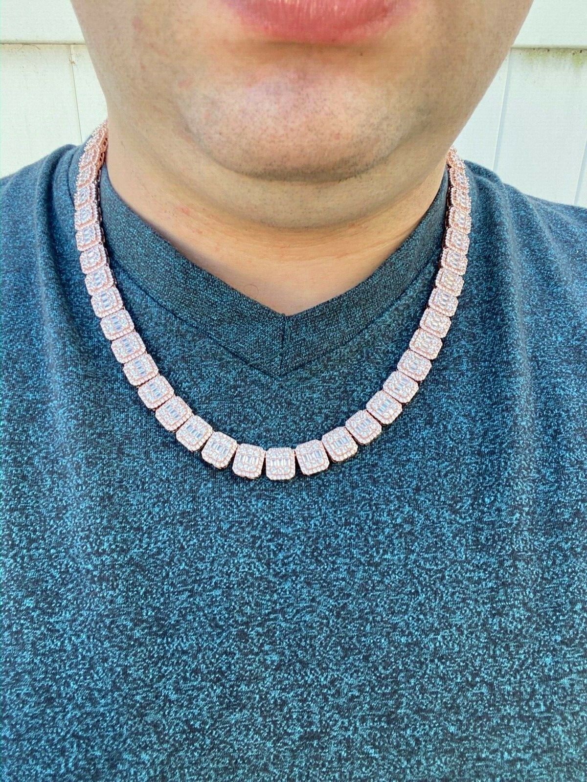 Pre-owned Silver Men's Baguette Tennis Chain Rose Gold Plated Real 925  18" Choker - 30" Cz In Pink