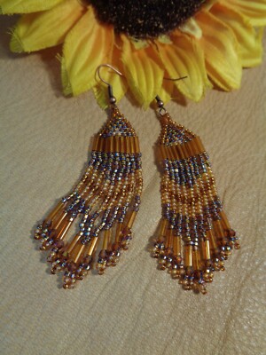 Natvie Am. 2.75'' Beaded Earrings Amber Colored