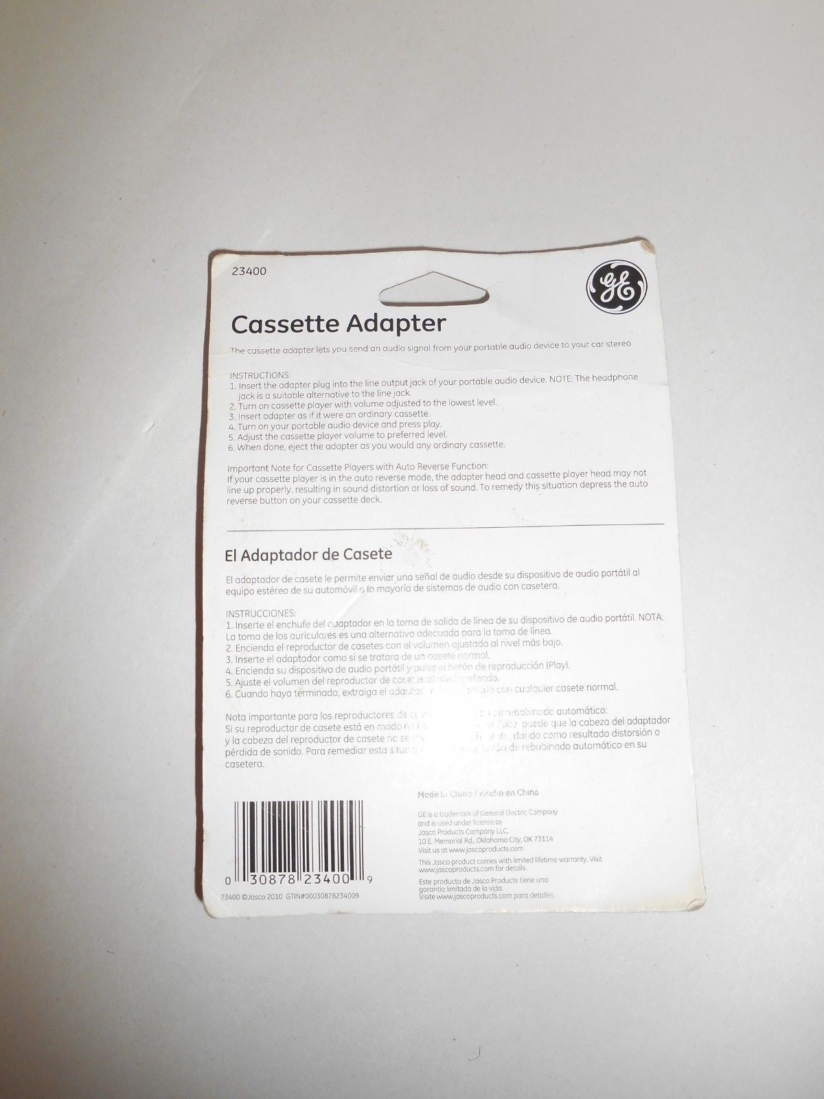 GE Cassette Adapter No. 23400 for Audio Device Through Car Stereo