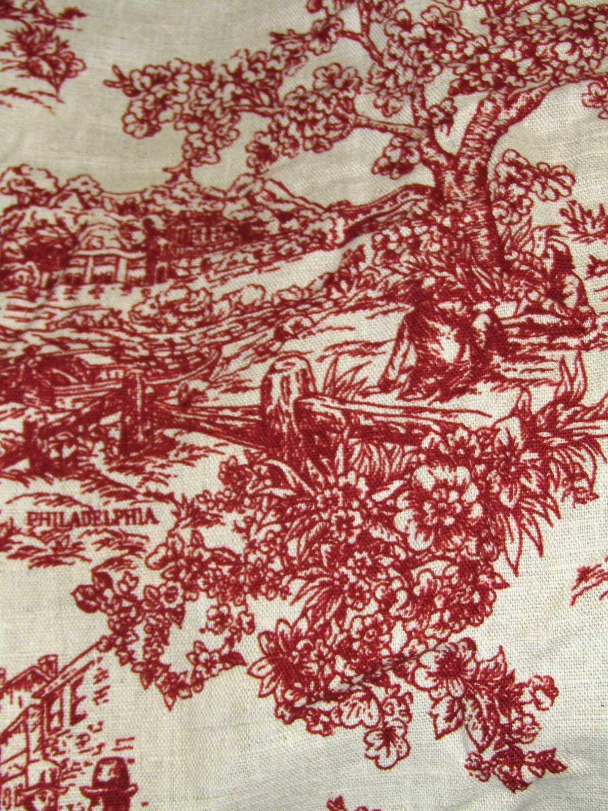 Vintage Linen Drapery Fabric Red Toile Colonial Harbor Towns Panel 96