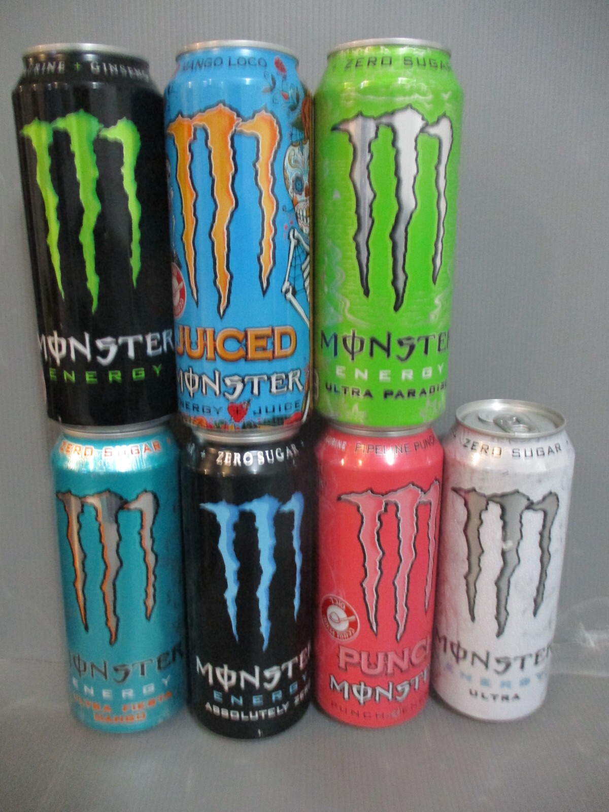 Monster Energy, Israel edition, 7 x 500 ml empty cans, Hebrew text 