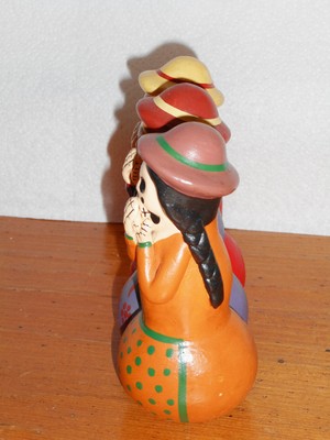 DAY of the DEAD, PERU. Trio of Lady Skeletons. Small, Painted Clay Sculpture