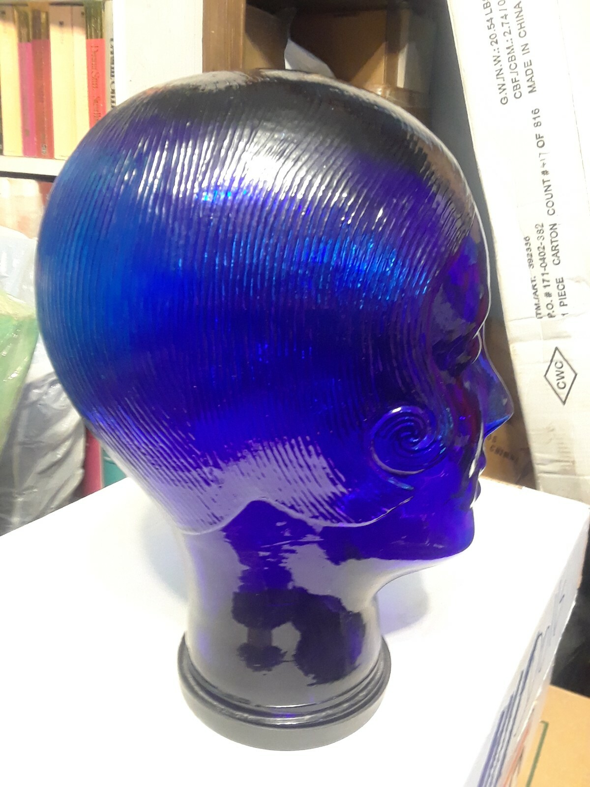 COBALT BLUE GLASS MANNEQUIN MAN Head with Plastic Lid for Base