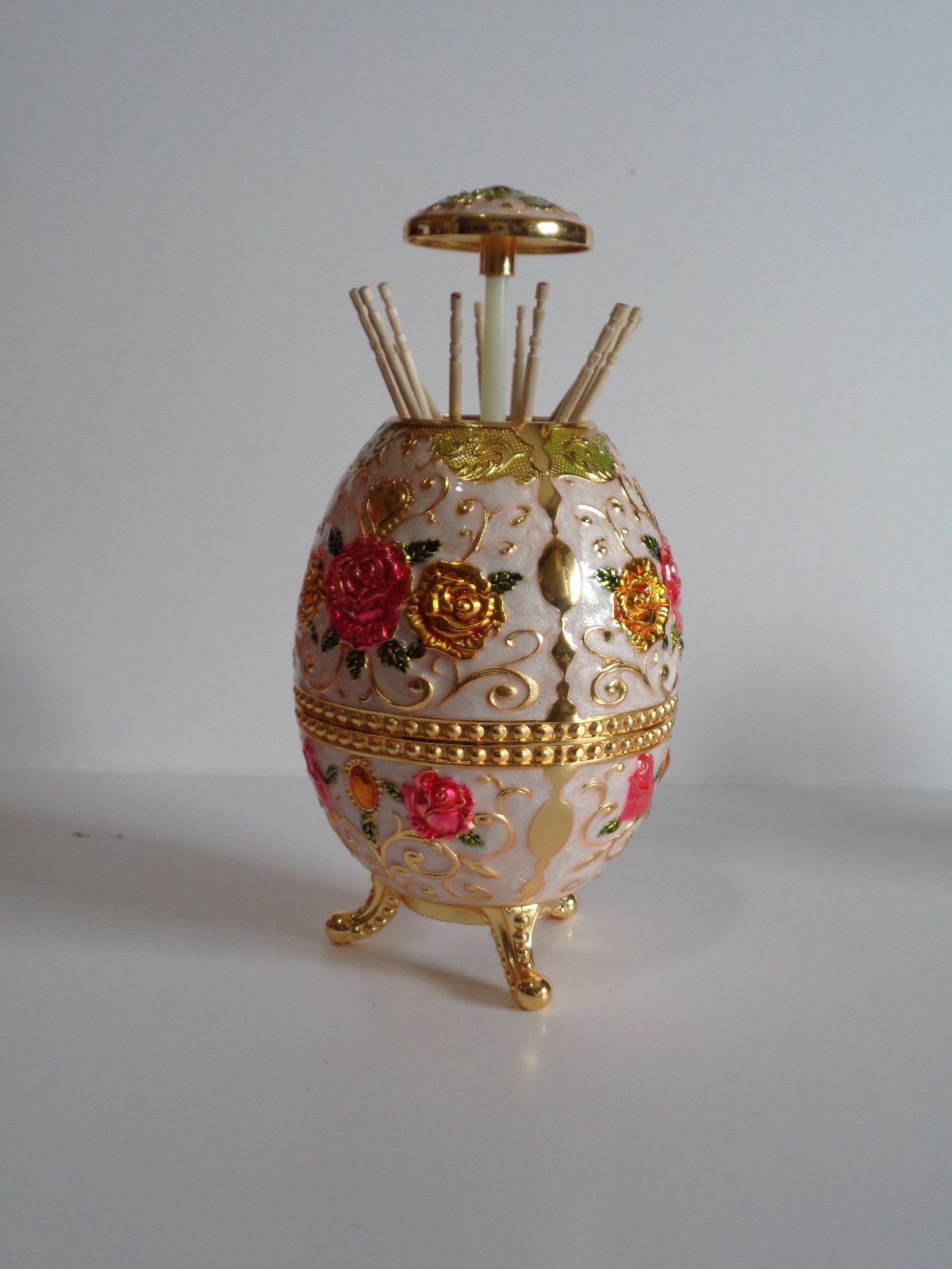 Automatic Toothpick Holder & Bottle opener-Roses on  white  with 3 legs