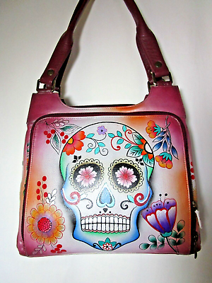 ANUSCHKA SUGAR SKULLS HAND PAINTED LEATHER ORGANIZER SHOULDER PURSE - NWT |  eBay