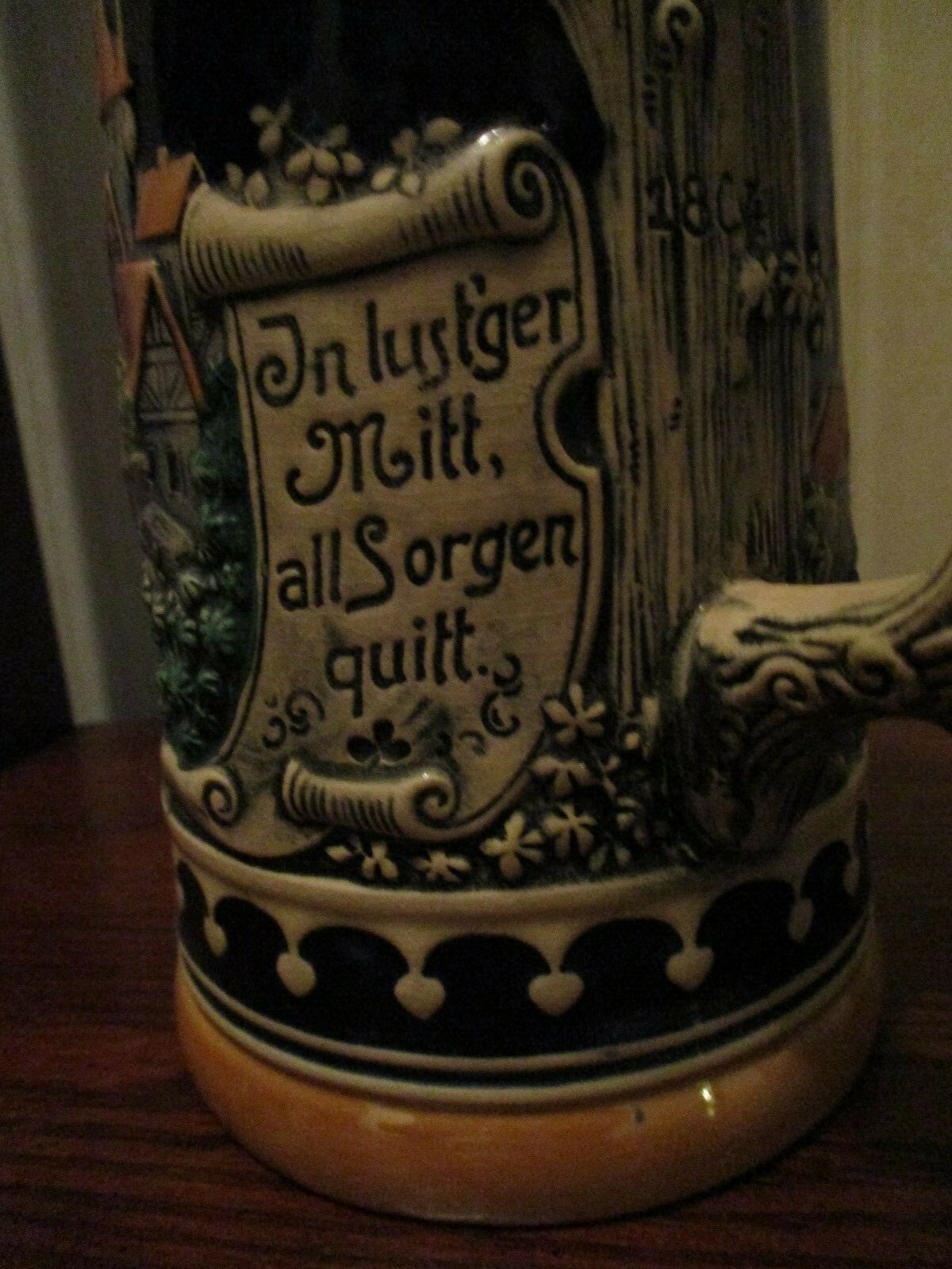 VINTAGE GERMAN GERZ HANDGEMALT LIDDED BEER STEIN - BAR MAID SERVING PATRON