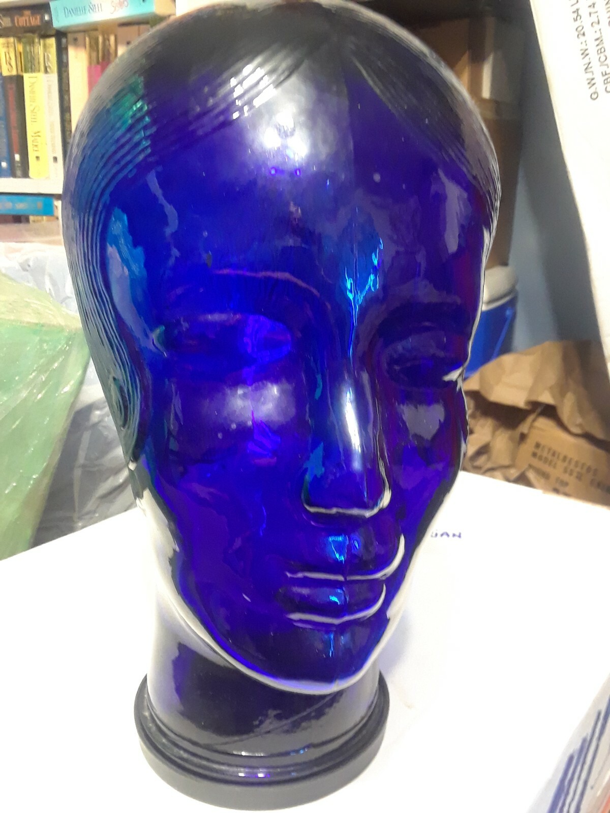 COBALT BLUE GLASS MANNEQUIN MAN Head with Plastic Lid for Base
