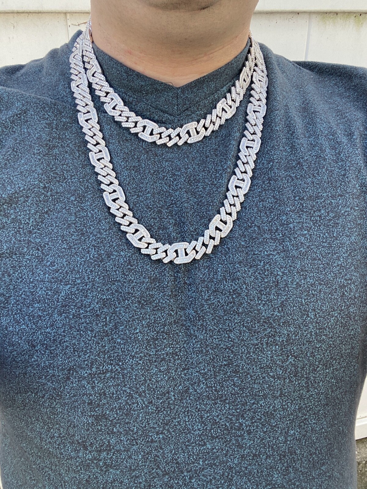 Pre-owned Silver Solid 925  Mens Figarucci Gucci Link Prong Cuban Chain Baguette Cz