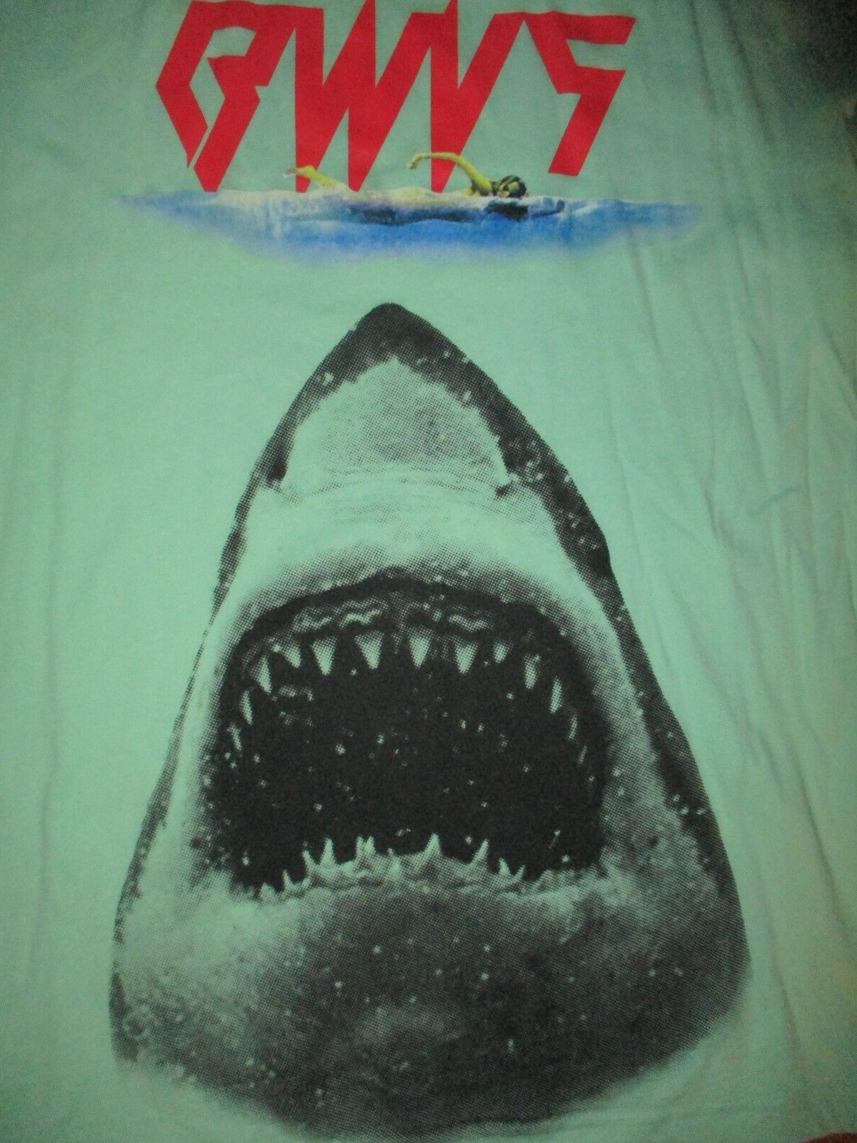 OOP RARE NWOT BWOOD VINNIES Diamond Wave Jaws Aqua T Shirt