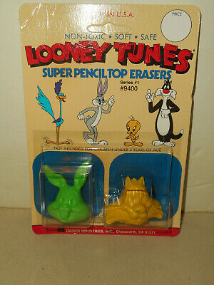 Vintage Diener LOONEY TUNES Series 1 Super Pencil Top Erasers #9400 Nos 1983
