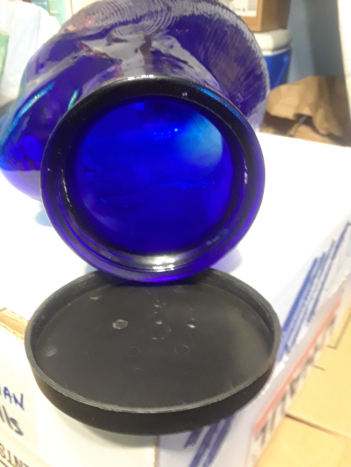 COBALT BLUE GLASS MANNEQUIN MAN Head with Plastic Lid for Base