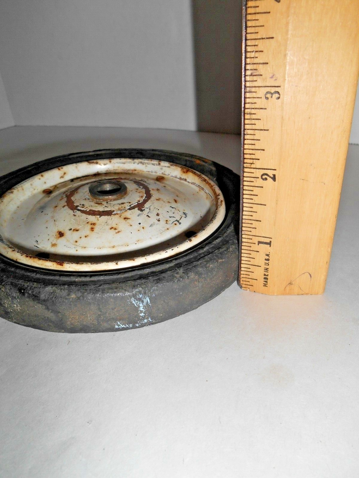 Vtg Replacement Toy Scooter Wheel Hard Rubber Tire w/ White Metal Rim 5-5/8 In.