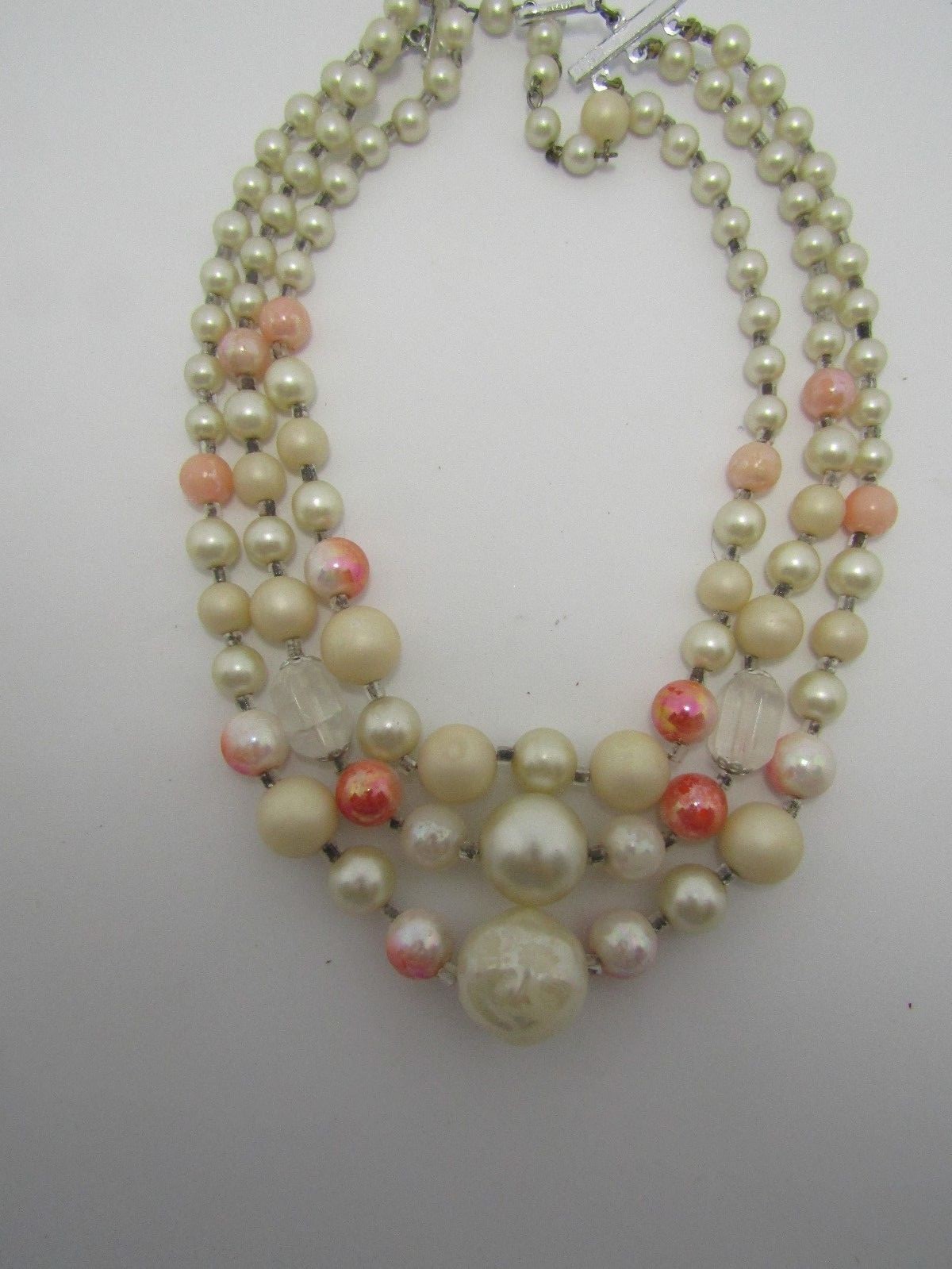 Swag Faux Pearl Necklace 3 strand swag Pink and Clear beads A27