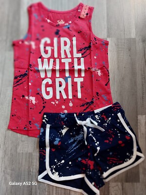 NWT Justice Girls Outfit Paint Splatter Girl with Grit Top/Shorts Size 7 (100)