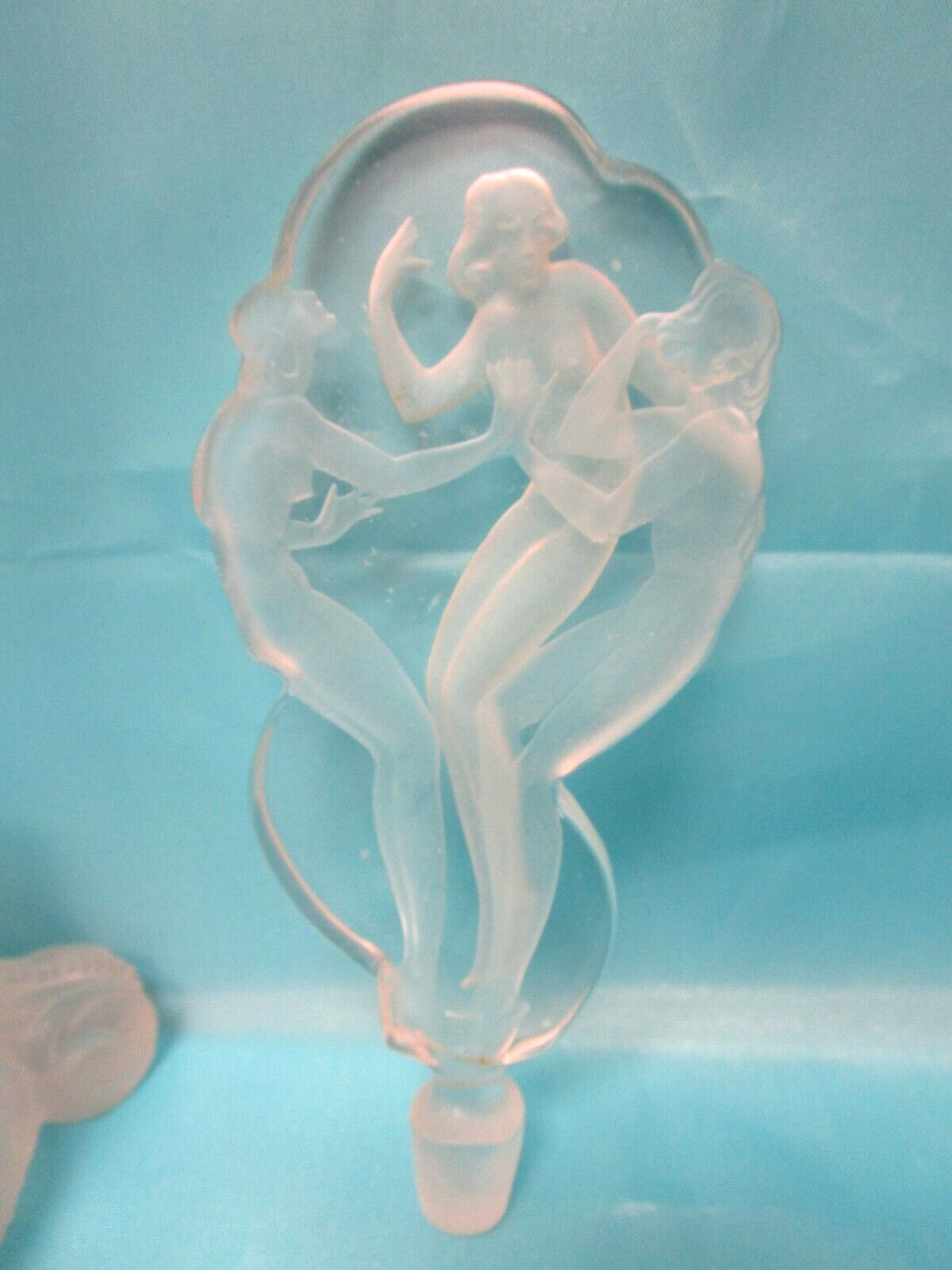 Three Graces Nudes Large Art Deco Clear Czech Glass Perfume Bottle w Stopper