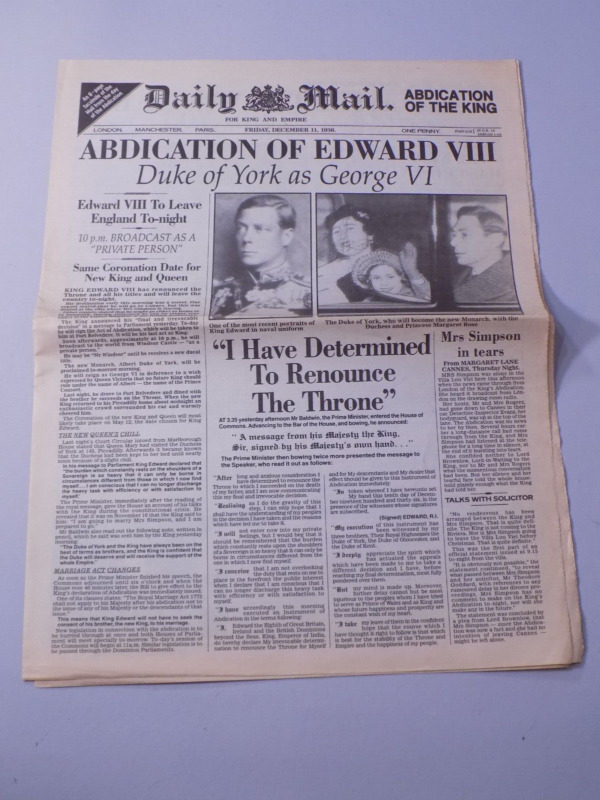Daily Mail December 11 1936 Newspaper Abdication of the King Edward VIII REPRINT