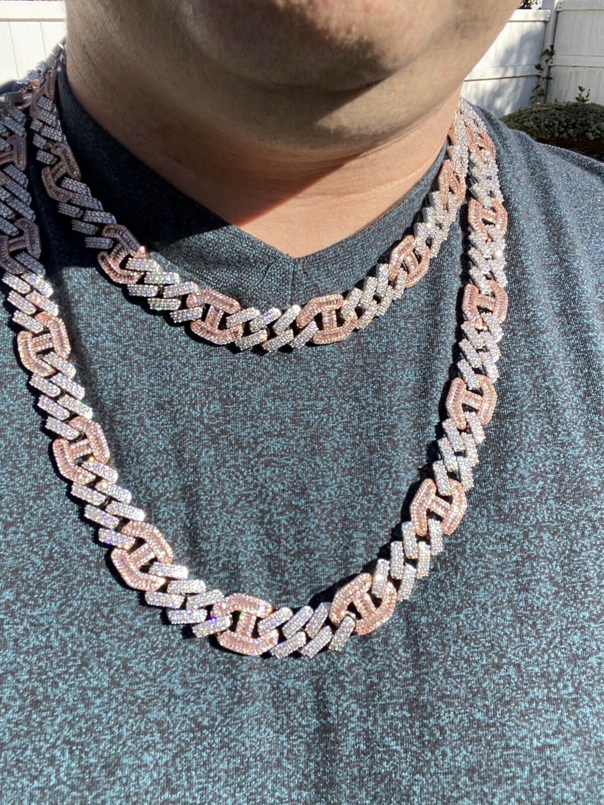 Pre-owned Silver Solid 925  Cz Rose Gold Plated Mens Figarucci Gucci Link Prong Cuban Chain In  & 14k Rose Gold