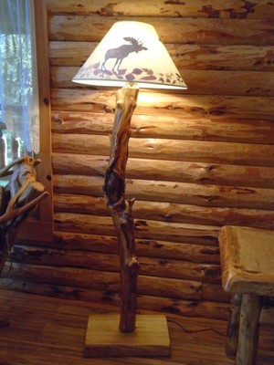 Rustic Aspen Log Floor Lamp Artisan Crafted 70'' H  Handmade Shade Moose Scene