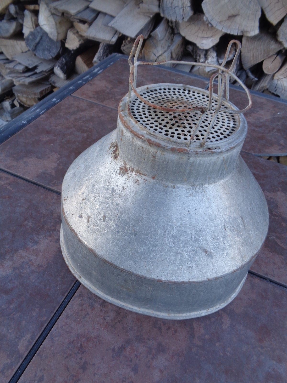 VINTAGE GALVANIZED STEEL MILK CAN FUNNEL STRAINER STEAMPUNK LAMP SHADE REPURPOSE