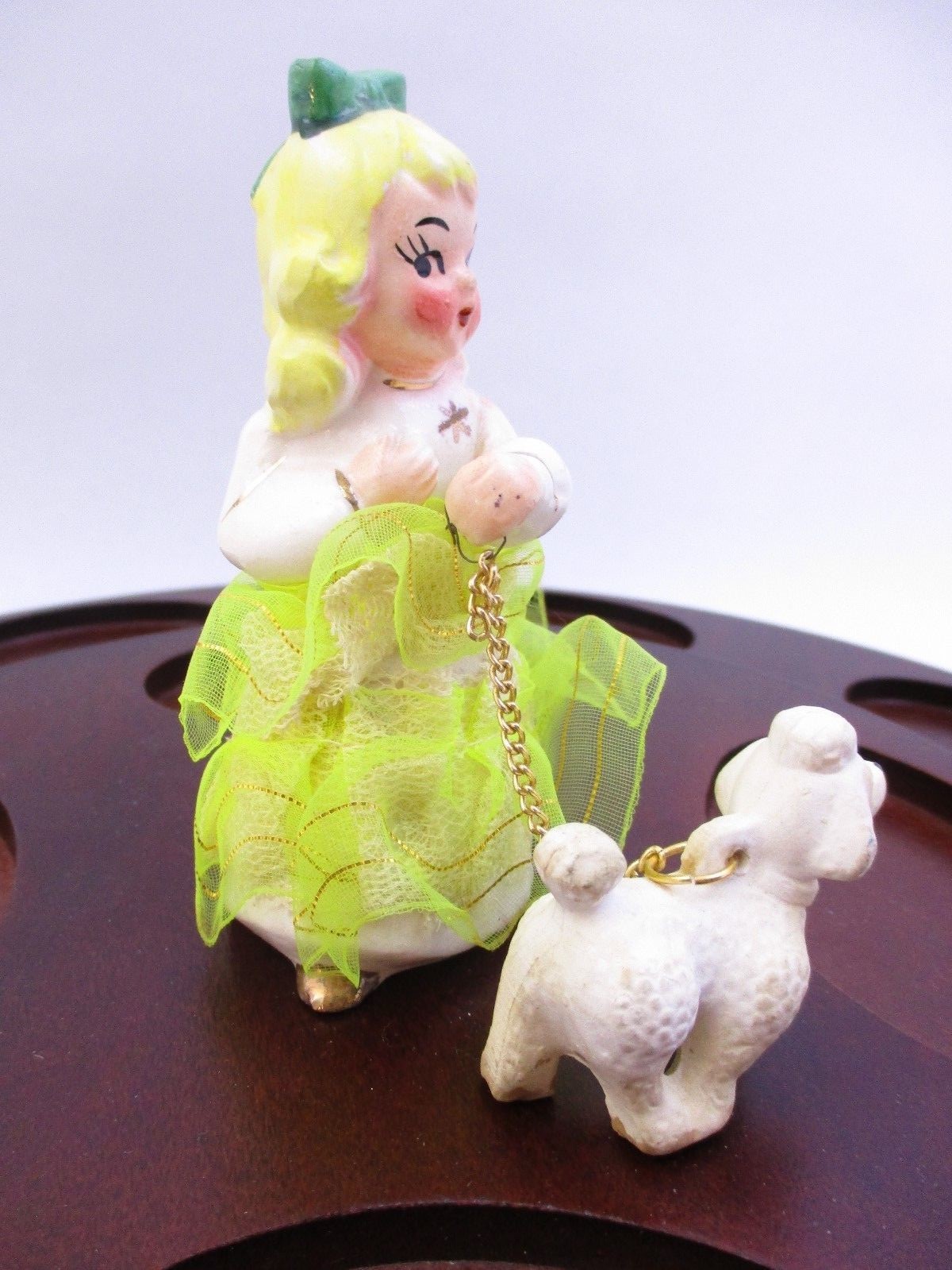 VINTAGE LADY FIGURINE w/ DOG & CHAIN LEASH - 
