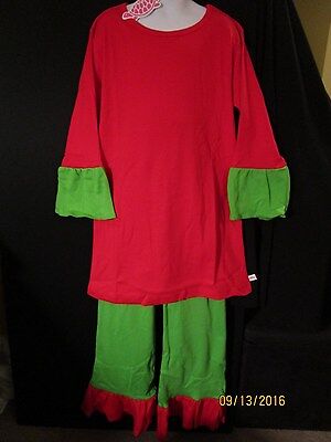 NWT SIZE 10 LONG RED TUNIC TOP W/ GR & RD RUFFLE PANTS HOLIDAY MONOGRAM LOLLY WO