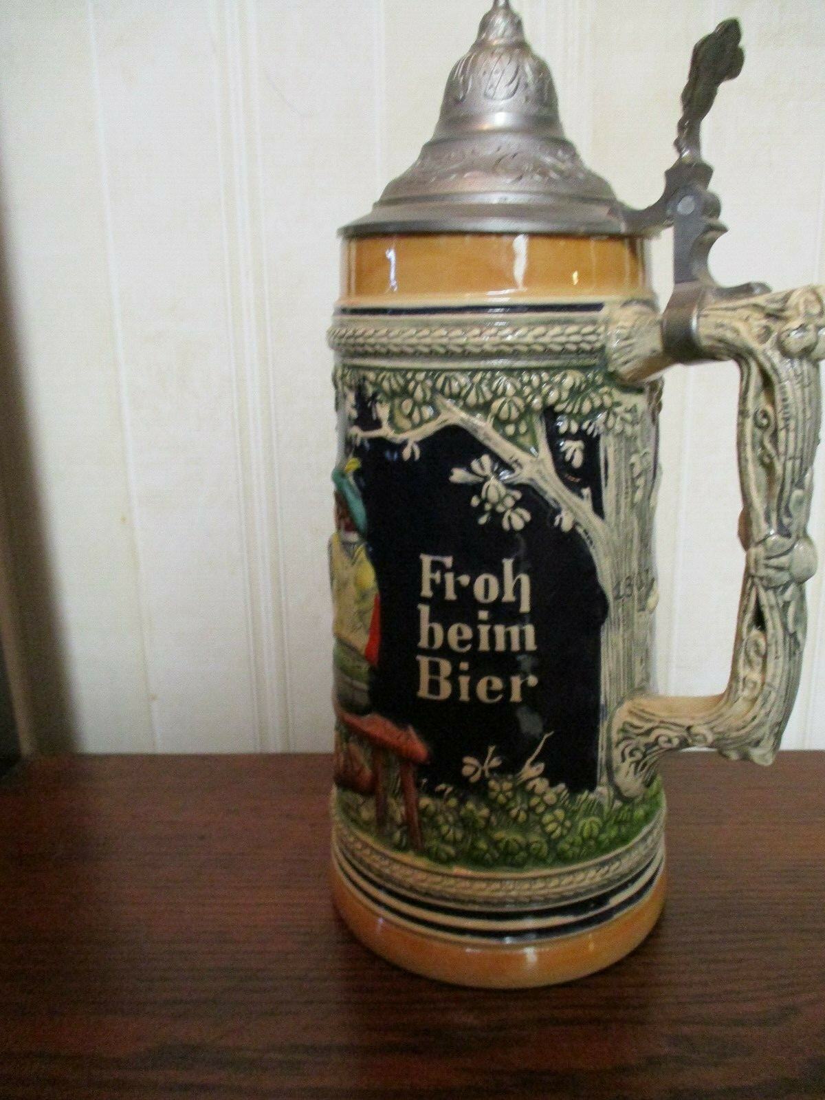 VINTAGE GERZ HANDGEMALT GERMAN LIDDED BEER STEIN - TAVERN SCENE