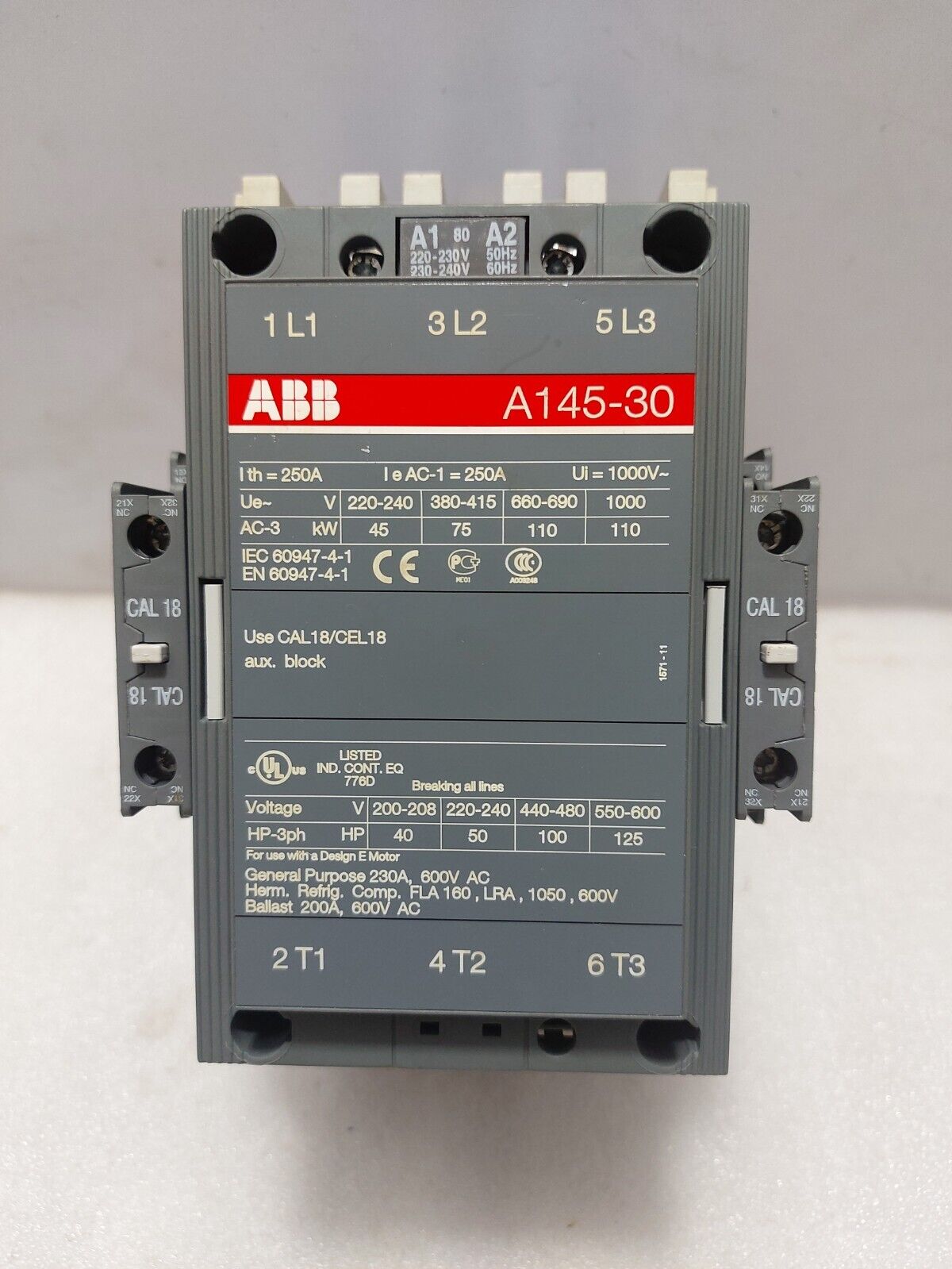 ABB A145-30 Contactor 220-230V 50Hz / 230-240V 60Hz CAL18-11 ABB A145-30 Contactor 220-230V 50Hz / 230-240V 60Hz CAL18-11