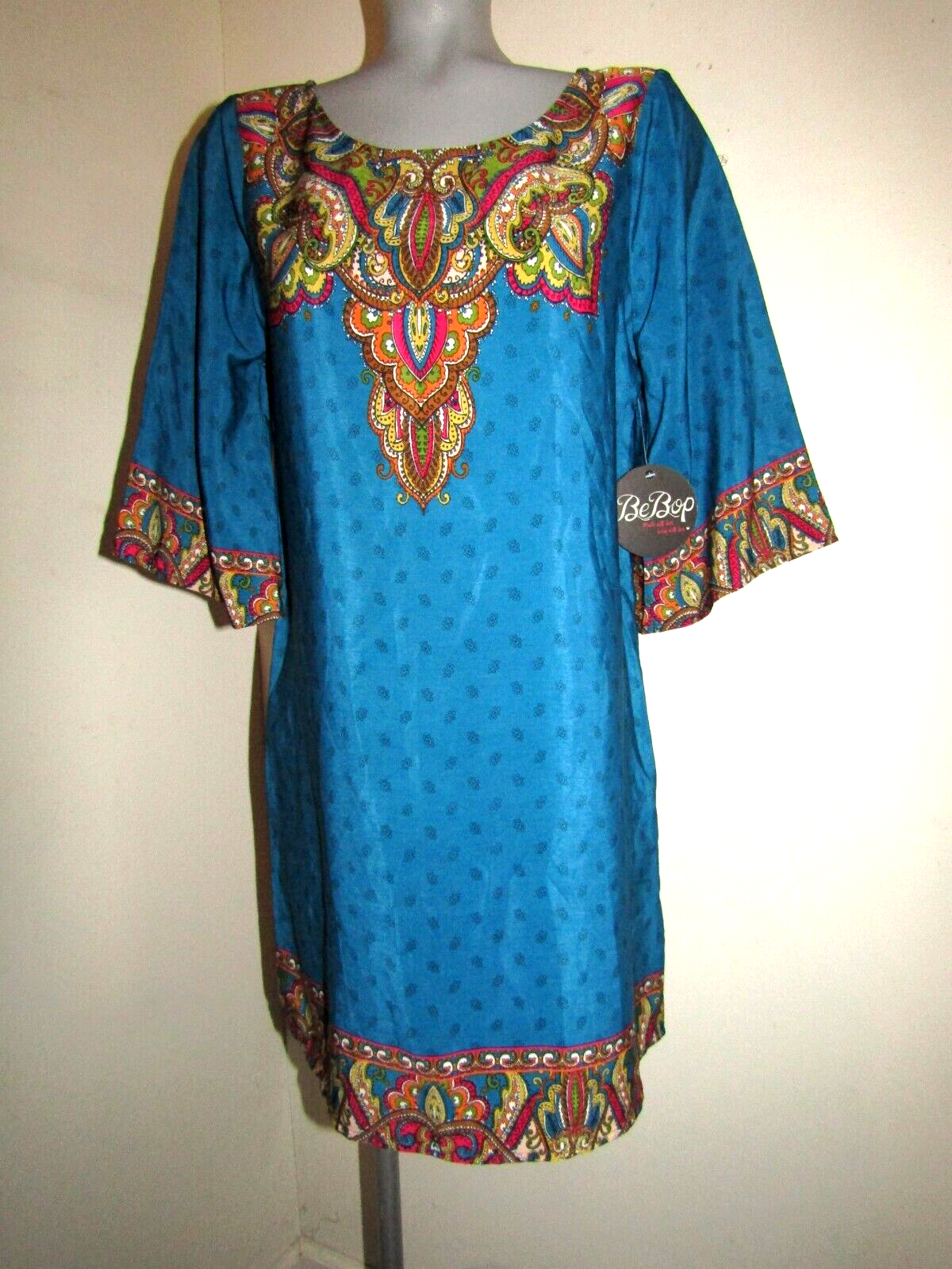 NWT $30, BE BOP Teal & Multi-Colors Boho Sheath Dress,  Size Medium,  Polyester