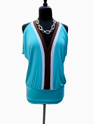 NWOT $128 ELLA MOSS Brown Aqua Blue White Halter Top Smock Blouse Tank   M