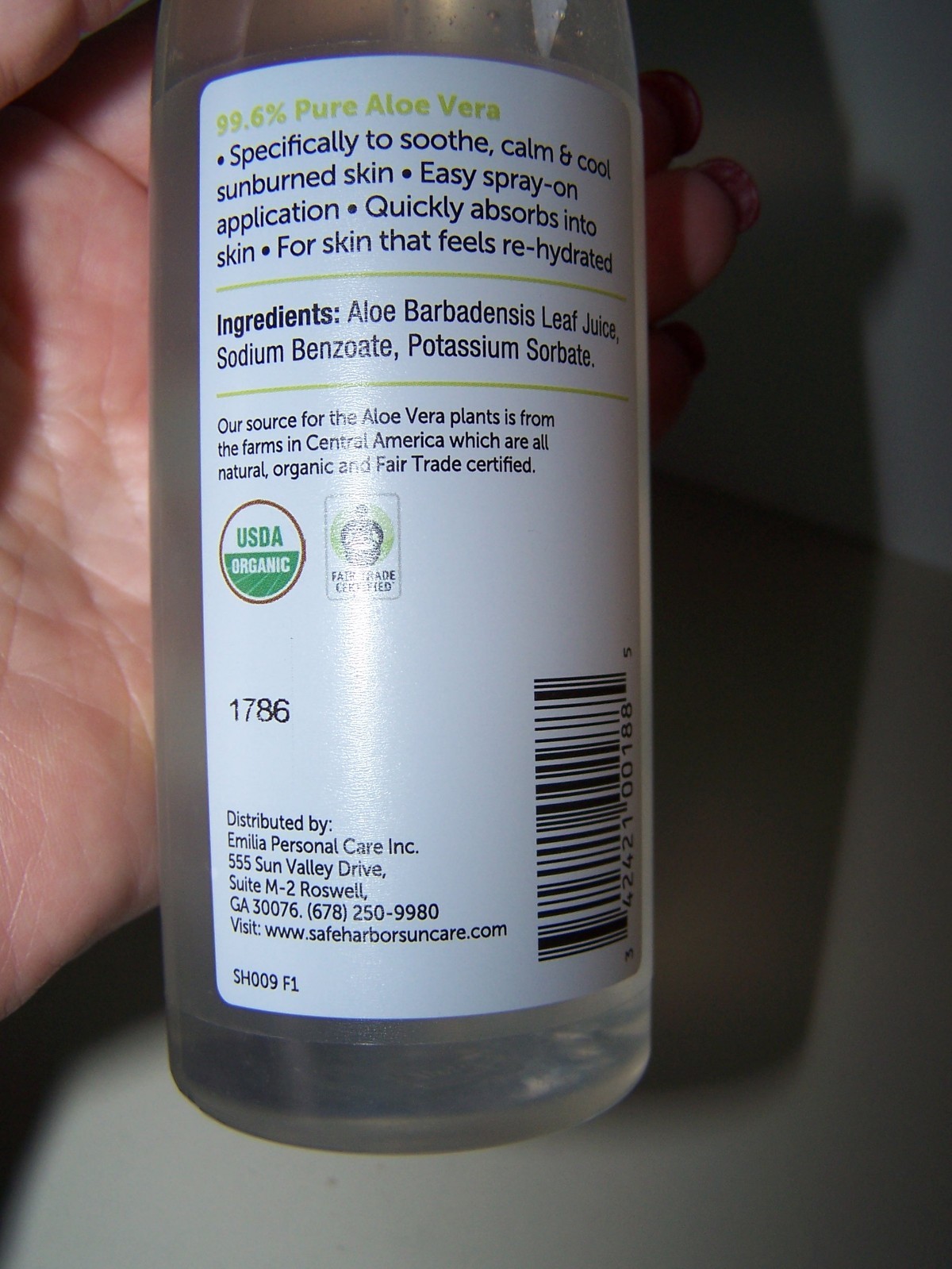 Aloe vera gel 99.6% pure Safe Harbor suncare 8oz spray NEW