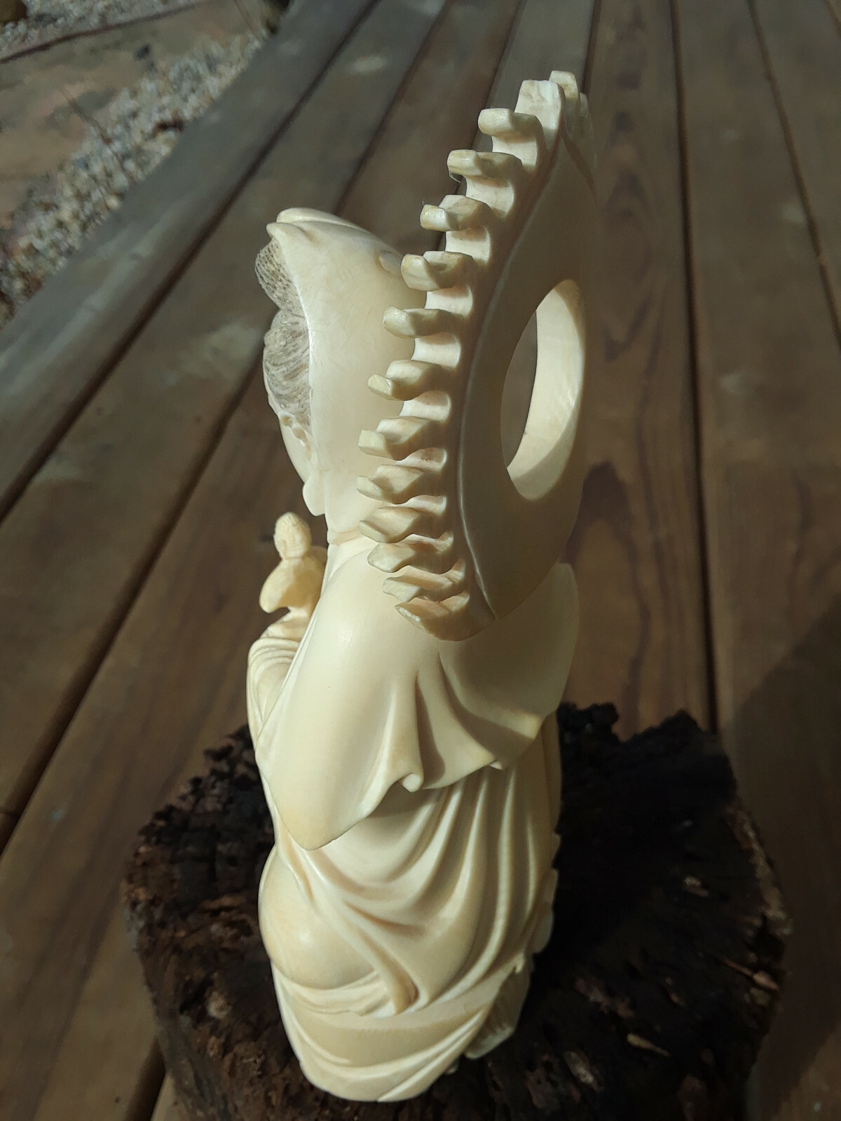 Stunning  ?? SIGNED ?? Guanyin w/ Monk on Lotus Leaf Carved chinese japanese OLD