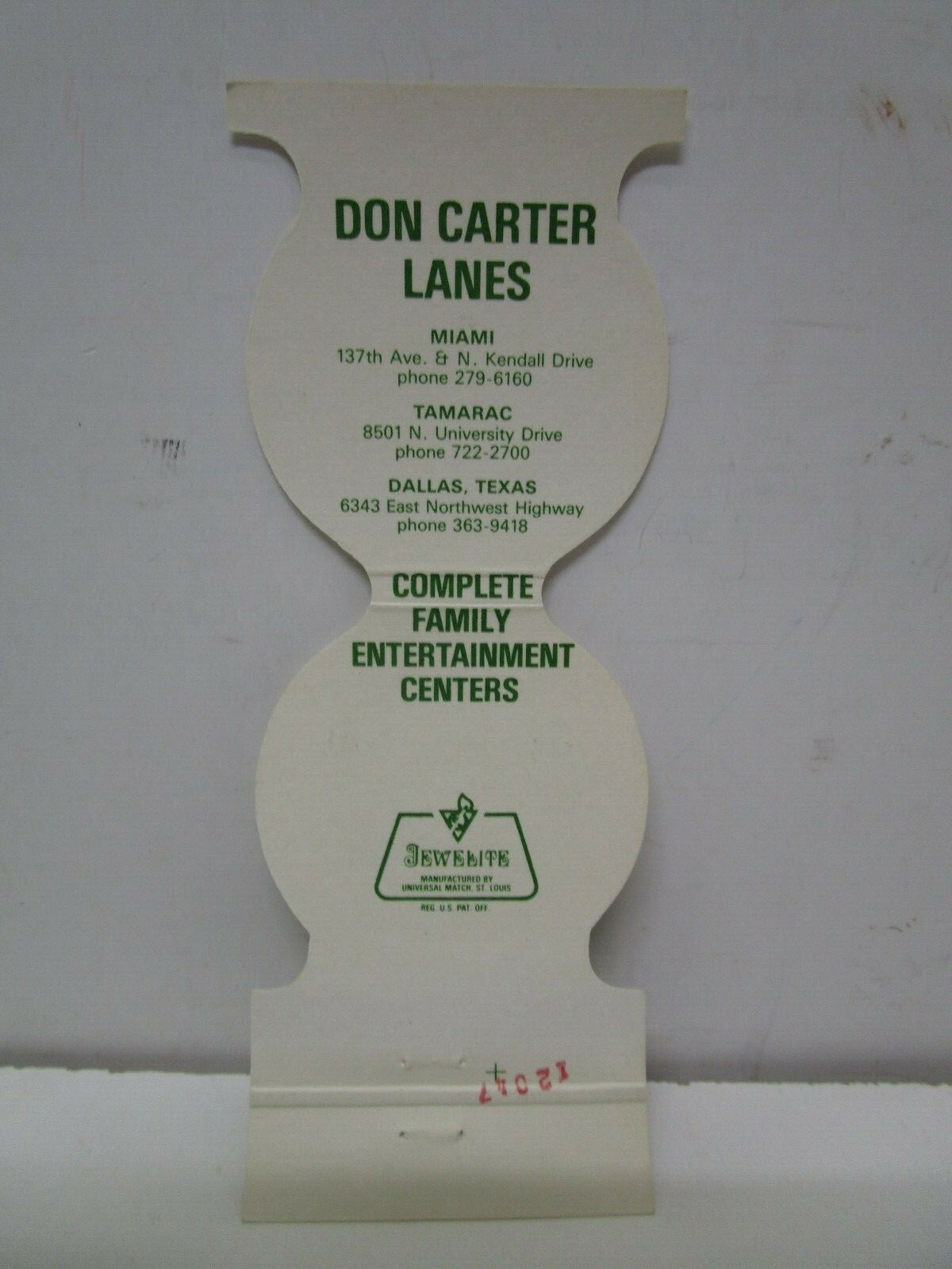 Don Carter Lanes, Bowling Alley Matchbook Cover - Miami, Tamarac, Dallas