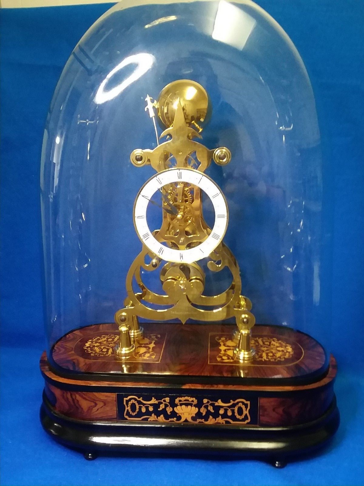 Skeleton Clock with Dome, Rosewood Base, gold plated