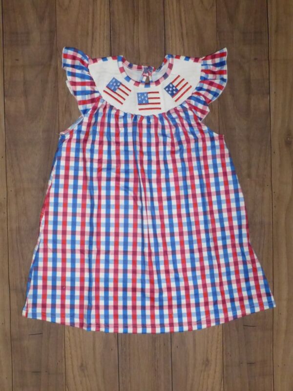 New Boutique 4th Of July Girls Embroidered Us Flag Smocked Gingham Dress