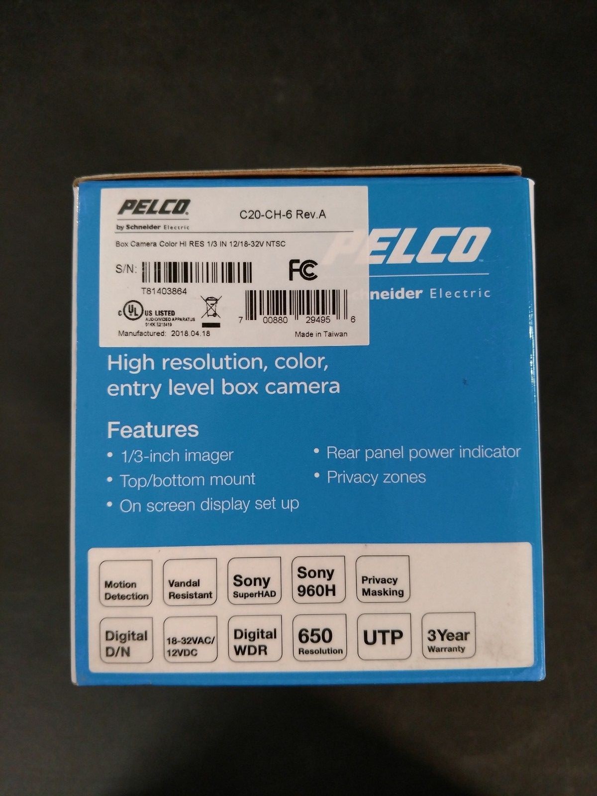 Pelco C20-CH-6 1/3-Inch CCD High Resolution Color Box Camera, NTSC (NO LENS)