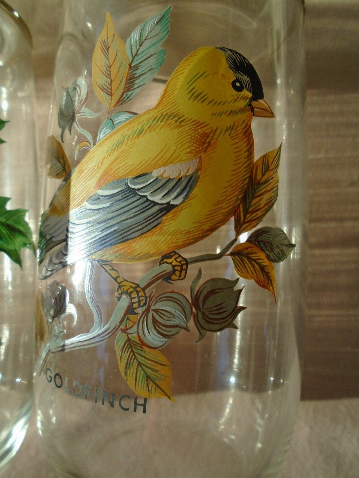 six clear antique drinking grasses with hand painted birds