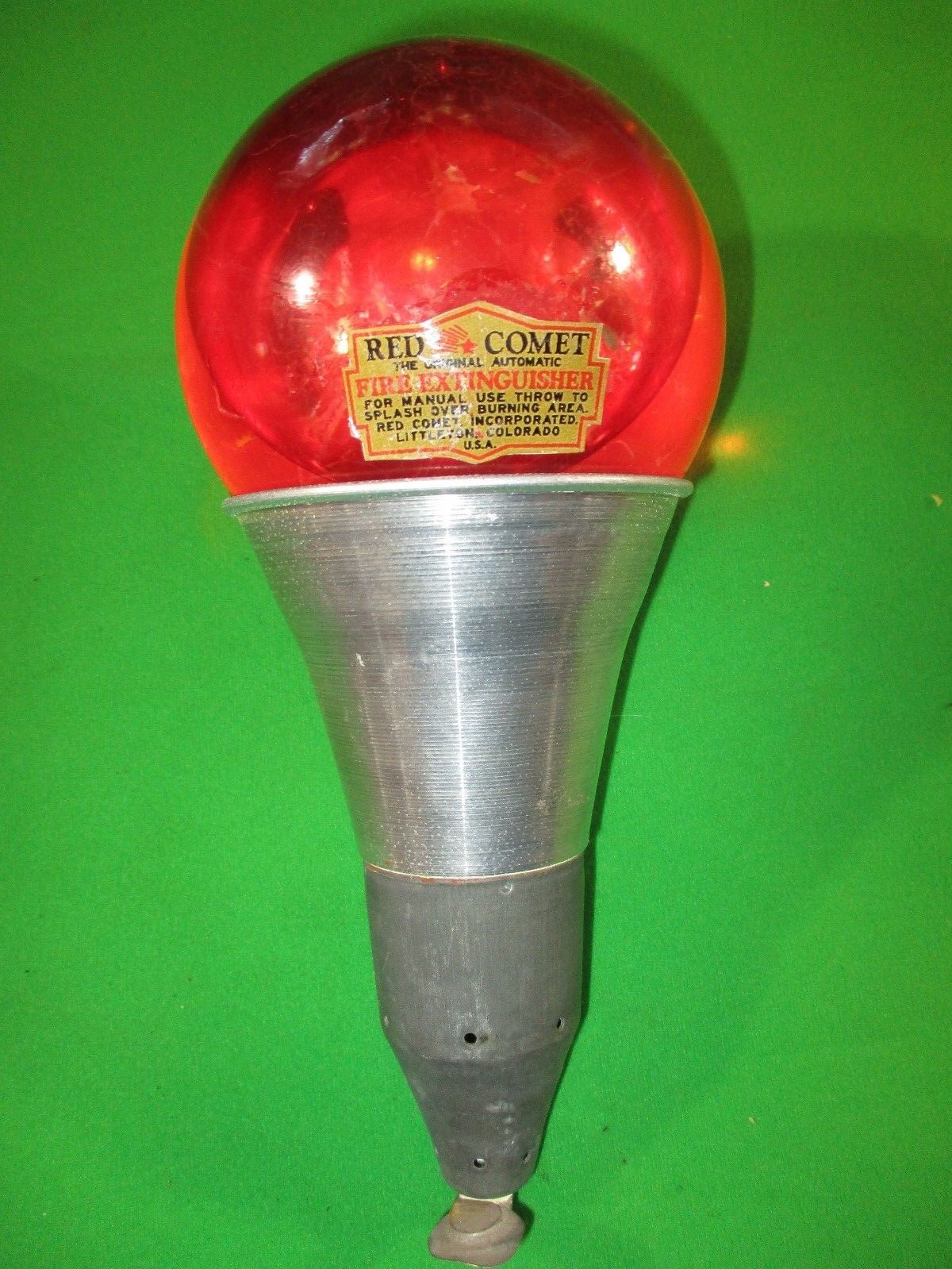 Red Comet Vintage Fire Extinguisher~ Glass Grenade with Metal Wall Bracket