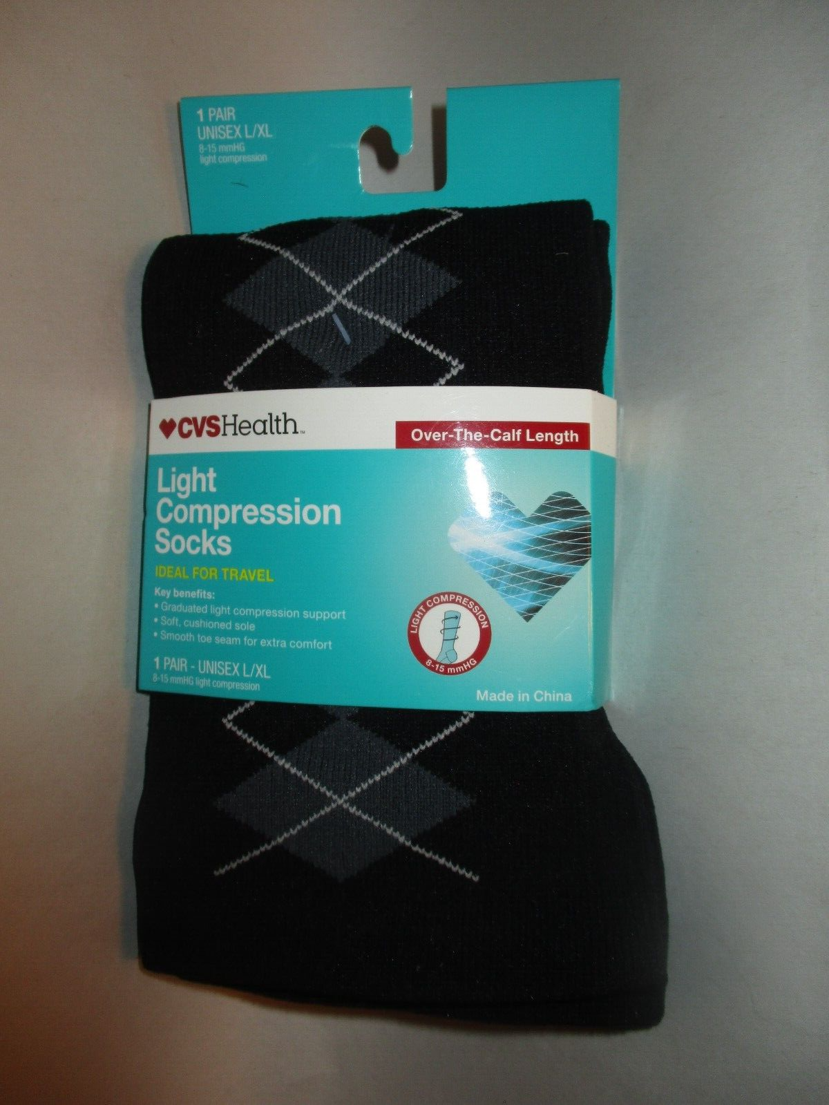 New Pkg 1 Pr. CVS Health Unisex L/XL Light Compression 8-15 mmHg Argyle Socks