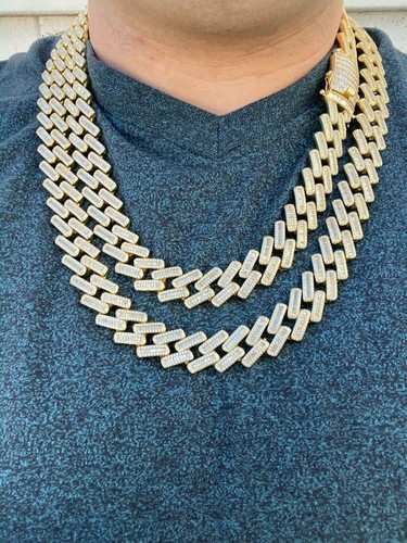 Pre-owned Silver 18mm Baguette Prong Cuban Chain 14k Gold Plated Solid 925  Heavy Hiphop Cz