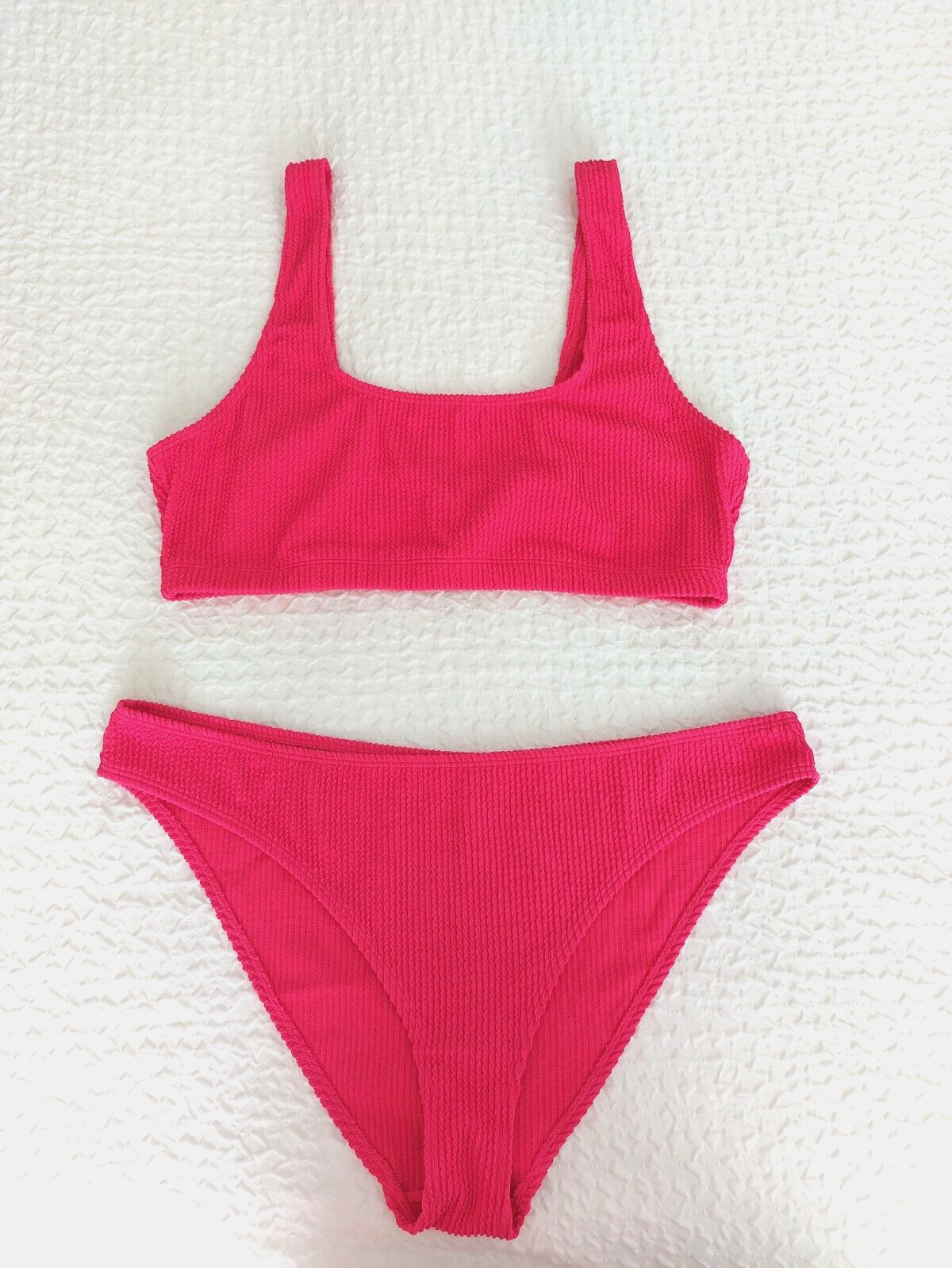 Asos Monki Women s Crinkle Ribbed Bikini Hot Pink Size L eBay