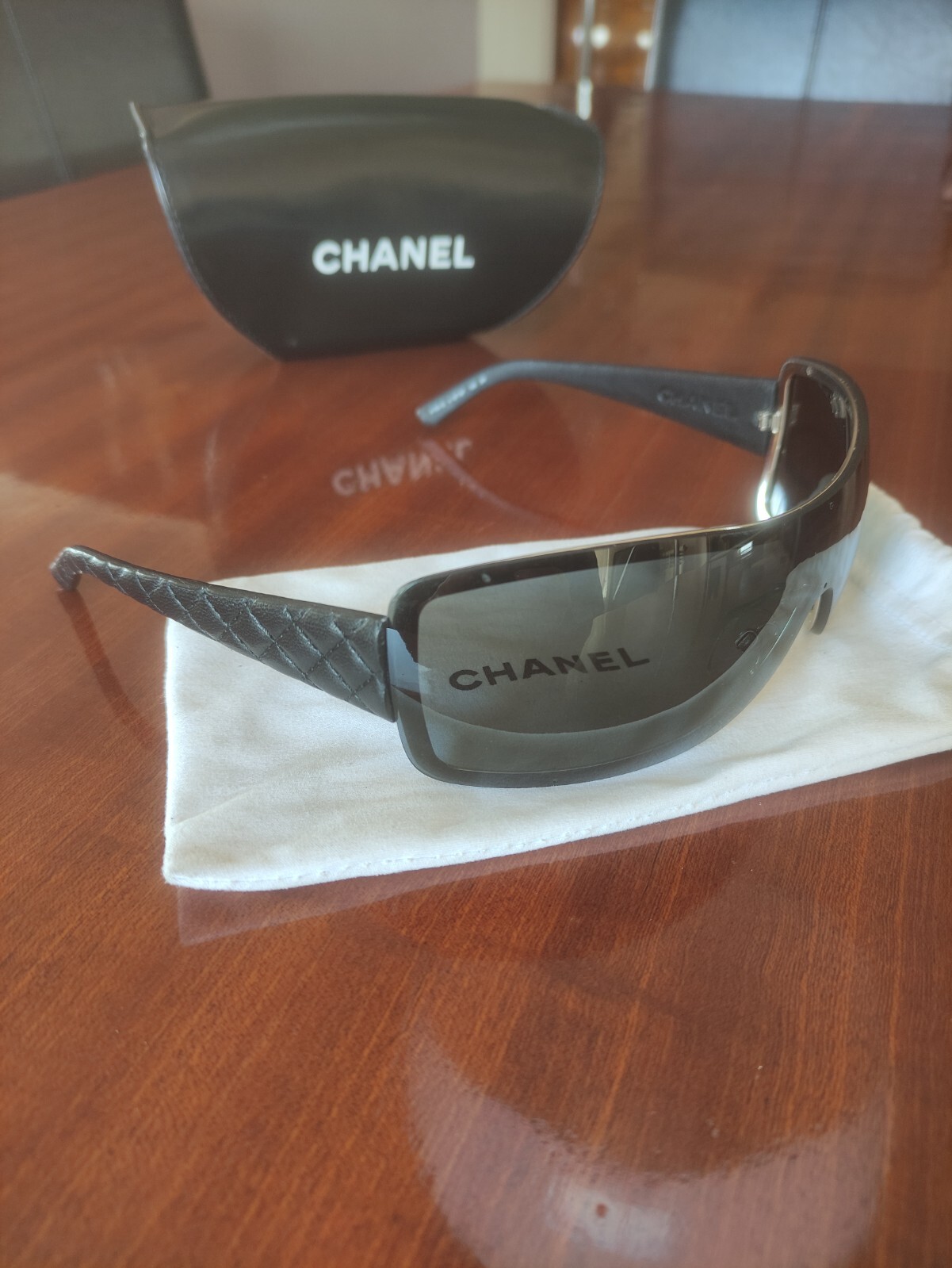 Chanel 4155-Q Shield Black Quilted Leather Women Sunglasses