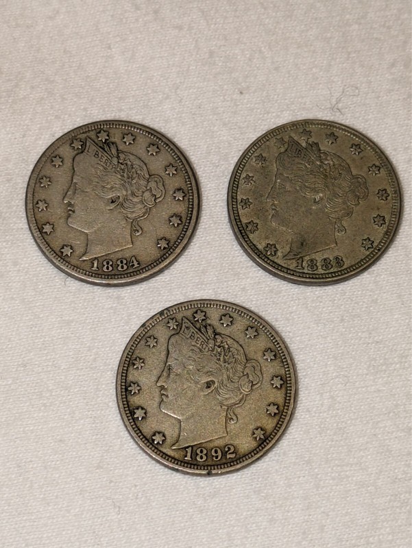 Lot of 3 Liberty Head Nickels, 1883 no "CENTS", 1884