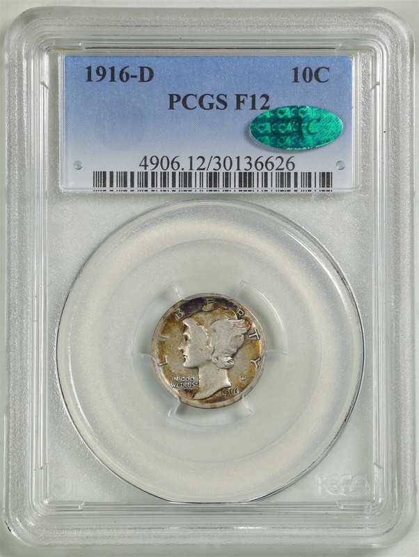 1916-D 10C Mercury Winged Libery Dime F12 PCGS CAC 30136626
