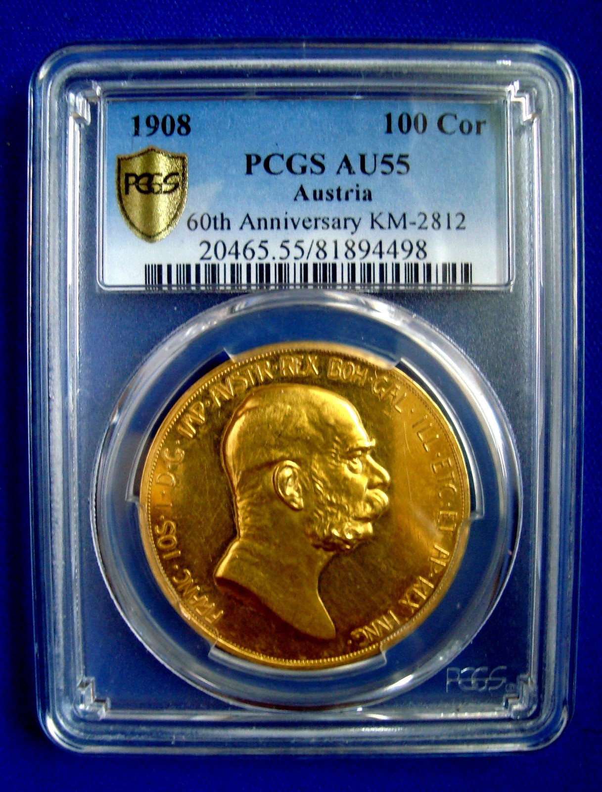 RARE AUSTRIA 100 Corona 1908 GOLD COIN PCGS AU55 LADY IN CLOUDS